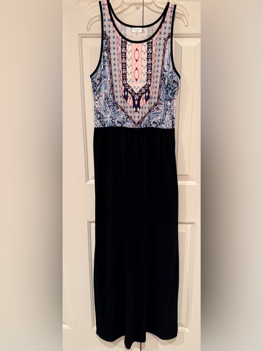 Sherosa Sleeveless Black Maxi Dress with Pink & Blue Printed Bodice